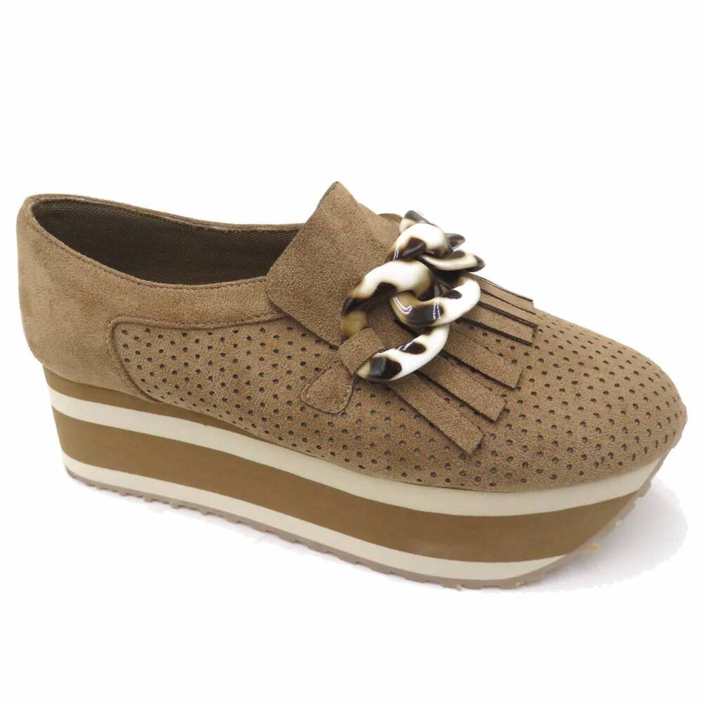 NEW PIERRE DUMAS women's platform palomas loafer with buckle in taupe